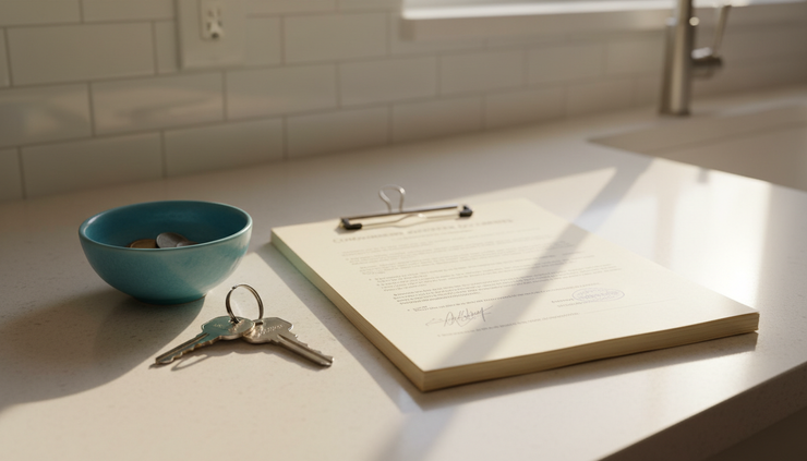Close-up view of association paperwork and keys on a kitchen counter