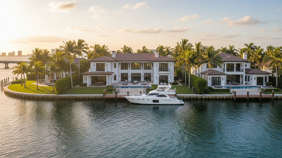 Wide-angle view of a South Florida waterfront home with a private dock and calm canal water.