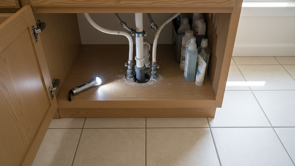 Overhead view of a home inspector checking a repaired plumbing area under a sink
