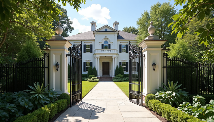 Eye-level view of a gated luxury home with manicured landscaping in Parkland
