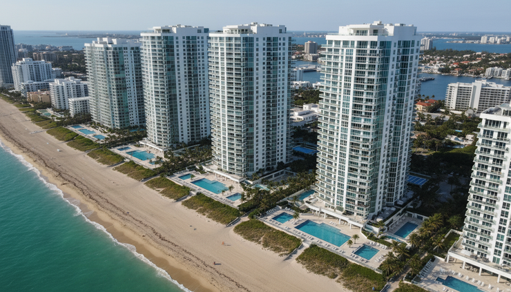 Aerial view of large luxury towers along the South Florida oceanfront.