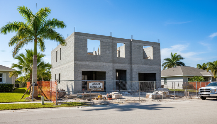 Street-level view of a modern custom home under construction in South Florida