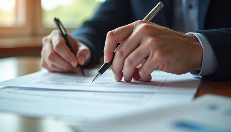 Close-up view of a contract being signed at a real estate closing table