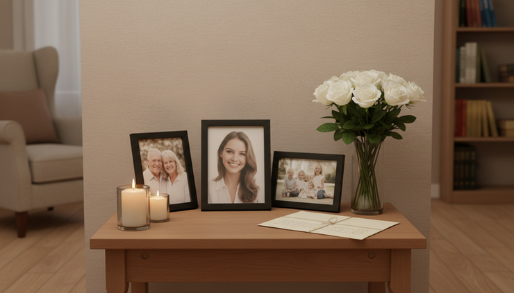 Wide-angle view of a small memorial table with flowers, candles, and family photographs