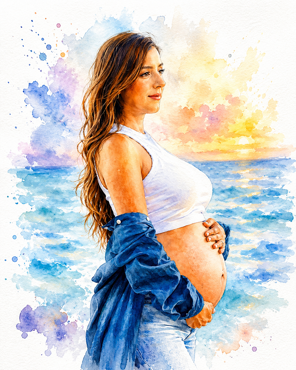 Thumbnail: Watercolor-style maternity portrait of a woman in profile holding her belly in front of a pastel sunset over the sea