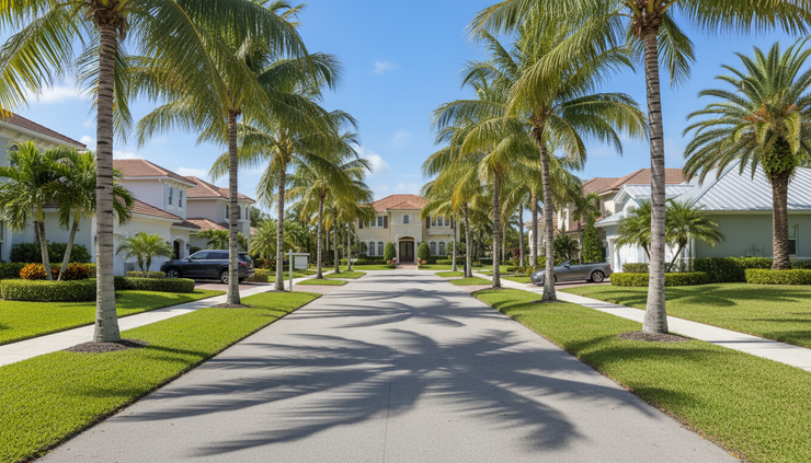 Eye-level view of a quiet palm-lined residential street in South Florida.