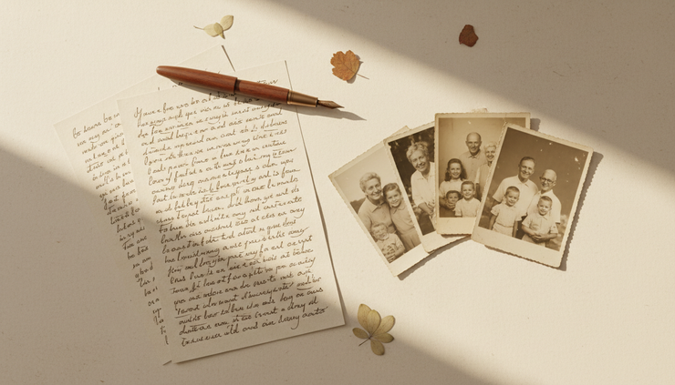 Overhead view of handwritten notes beside a small stack of family photographs
