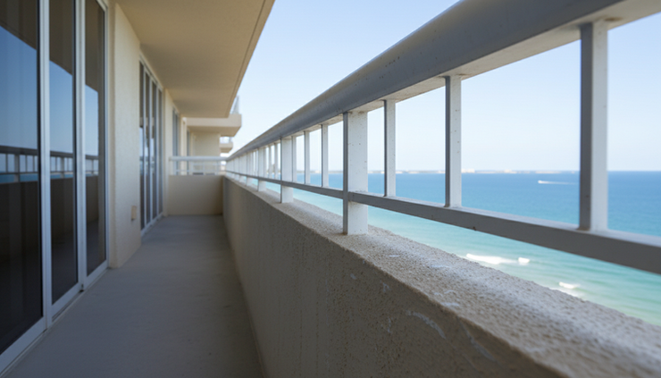 Close-up view of a concrete balcony edge on a coastal condo building.