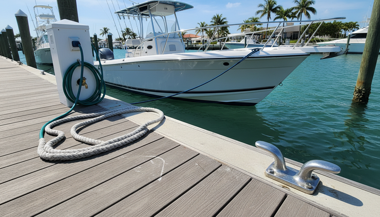 Close-up view of a wooden dock with cleats, power pedestal, and a moored boat