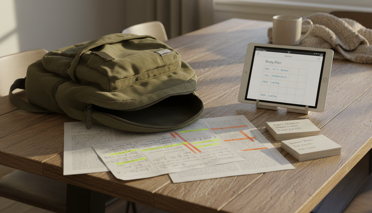 Close-up view of a backpack beside handwritten study notes, printed pages, and a tablet on a wooden dining table.