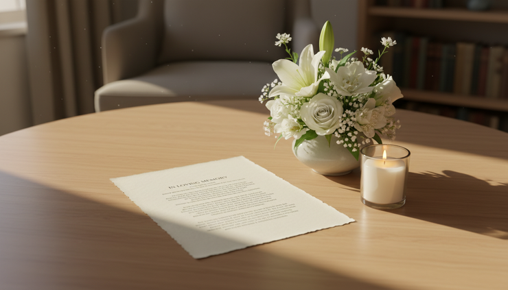 Overhead view of a printed memorial speech resting beside flowers and a candle