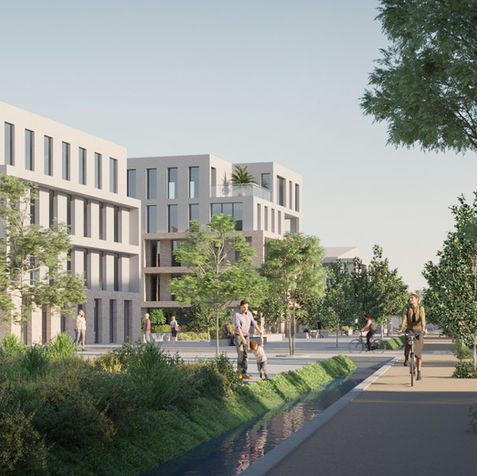 Render 3D, studio 3D, pers 3D, visualisation 3D, Projet architectural gagnant d’un concours, avec bâtiments modernes et espaces verts, rendu par 3Dstudio.fr et Le2bis Architectes.