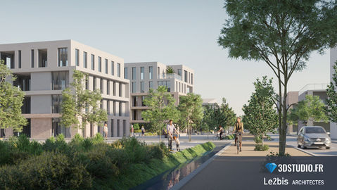 Render 3D, studio 3D, pers 3D, visualisation 3D, Projet architectural gagnant d’un concours, avec bâtiments modernes et espaces verts, rendu par 3Dstudio.fr et Le2bis Architectes.