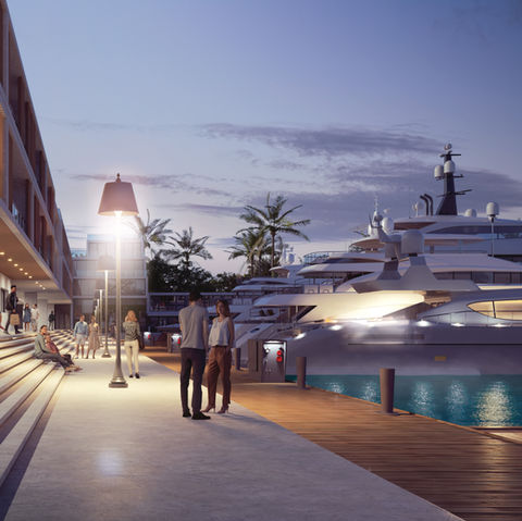 Rendu 3D par 3Dstudio.fr d'une promenade nocturne avec yachts, terrasses modernes et visiteurs, marina, port, croisette