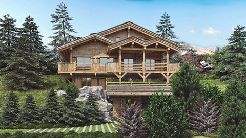 Rendu 3D d’un chalet suisse traditionnel en bois et pierre, inspiré par Peter Zumthor et Gion A. Caminada, visualisé par 3dstudio.fr.