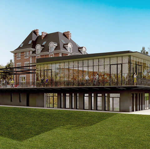 Extension moderne en verre et métal d’un restaurant accolé à un château français, avec une terrasse surplombant un parc verdoyant. Rendu 3D par 3Dstudio.fr.
 perspective 3D pers 3D concours architecture Château France