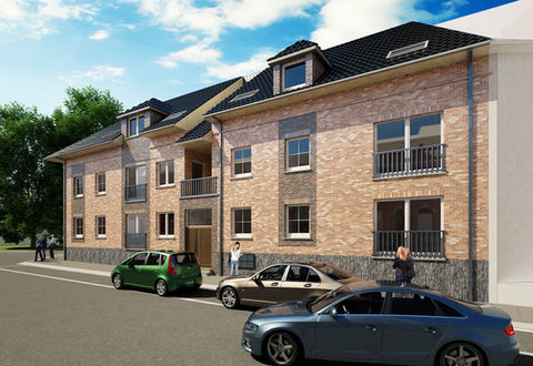 Rendu 3D d’une façade résidentielle en briques rouges, typique de l’architecture belge, avec des voitures garées devant. visualisation 3D, perspective 3D, pers 3D, concours architecture.