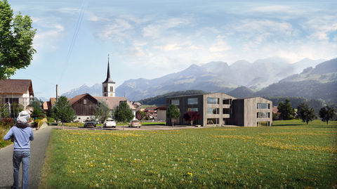 Rendu 3D d'une école moderne en bois dans un village suisse, entourée de montagnes et de maisons traditionnelles. perspective 3D pers 3D concours architecture suisse