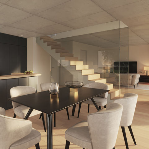 Rendu 3D d'une cuisine moderne suisse avec armoires noires, îlot central, salle à manger, escalier flottant en bois et séparation en verre, inspiré par Peter Zumthor et visualisé par 3dstudio.fr.