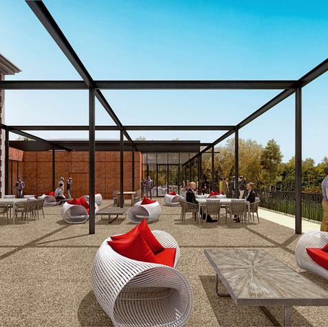 Terrasse de restaurant avec mobilier moderne en rotin blanc et coussins rouges, située dans un château français avec une structure métallique noire. Rendu 3D par 3Dstudio.fr.