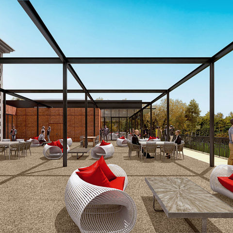 Terrasse de restaurant avec mobilier moderne en rotin blanc et coussins rouges, située dans un château français avec une structure métallique noire. Rendu 3D par 3Dstudio.fr.