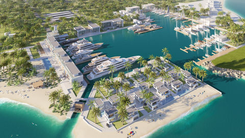Rendu 3D par 3Dstudio.fr d'une marina de luxe avec yachts, villas modernes, plages privées et installations exclusives, perspective 3D, pers 3D, concours architecture, architecture 3D, cocotiers