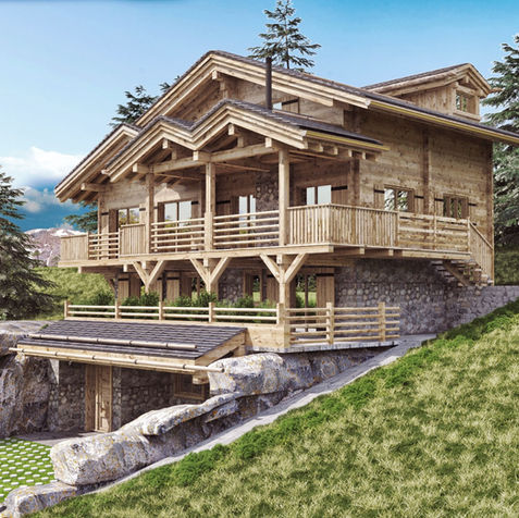 Rendu 3D d’un chalet en bois et pierre avec balcons spacieux, situé dans les montagnes suisses, inspiré par Peter Zumthor et Kengo Kuma, visualisé par 3dstudio.fr. chalet suisse