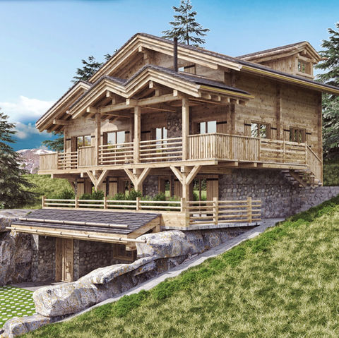 Rendu 3D d’un chalet en bois et pierre avec balcons spacieux, situé dans les montagnes suisses, inspiré par Peter Zumthor et Kengo Kuma, visualisé par 3dstudio.fr. chalet suisse