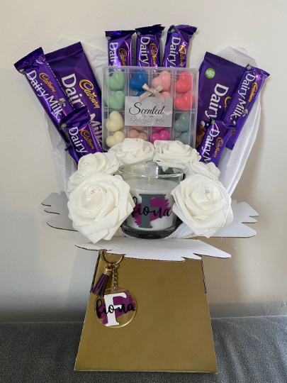 wax melt, candle, key ring and chocolates bouquet