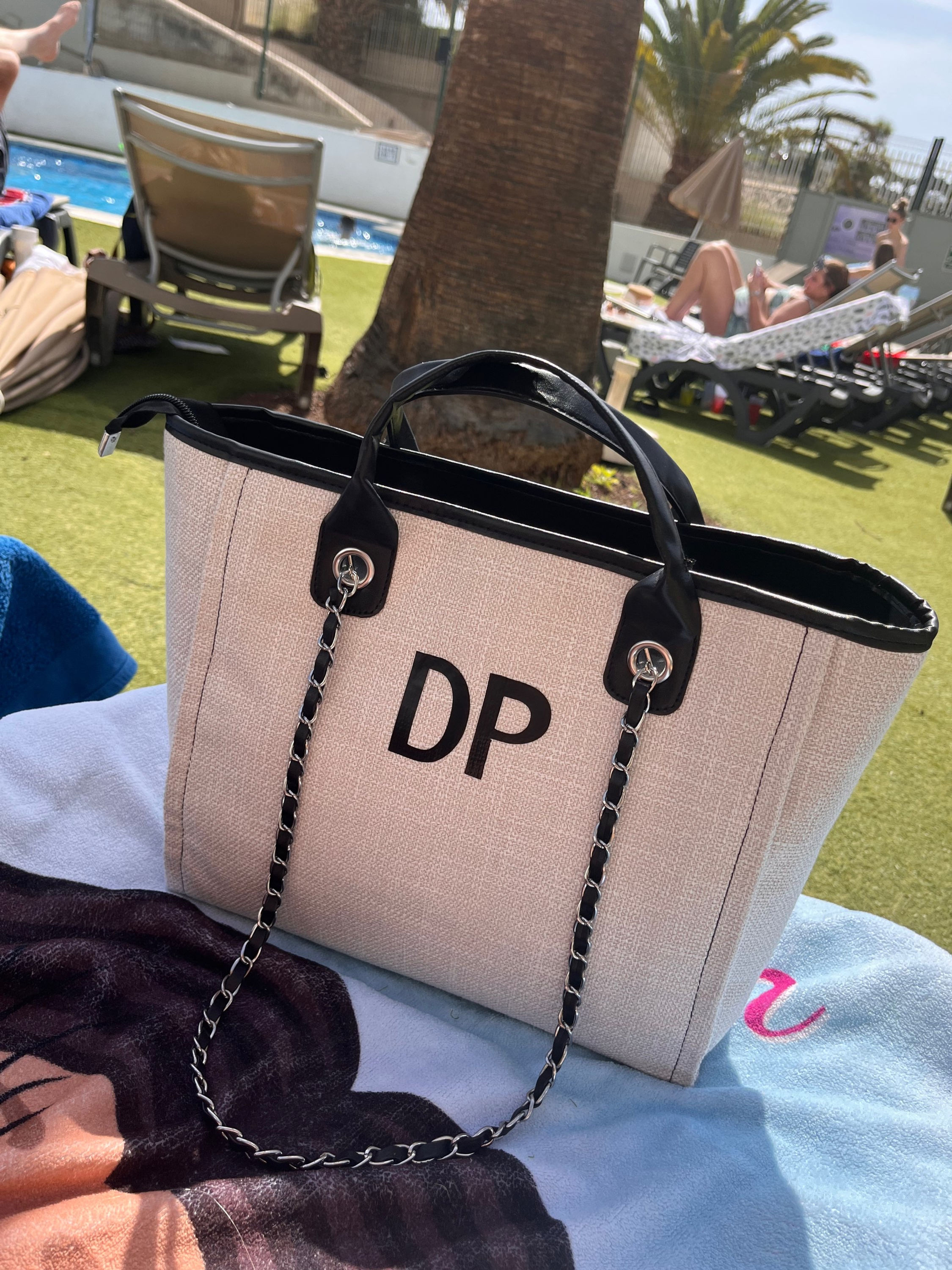 Personalised Initial Chain Tote Bag Ivory/Black