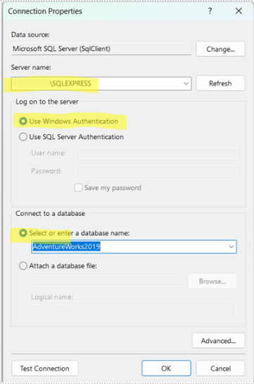 SQL Server connection properties window: highlighted text shows server name "\SQLEXPRESS" and database "AdventureWorks2019". Options include authentication and test connection.