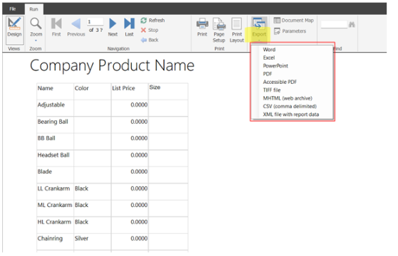 Spreadsheet interface shows a table of products with names, colors, list prices, and sizes. Export options include Word, Excel, PDF.