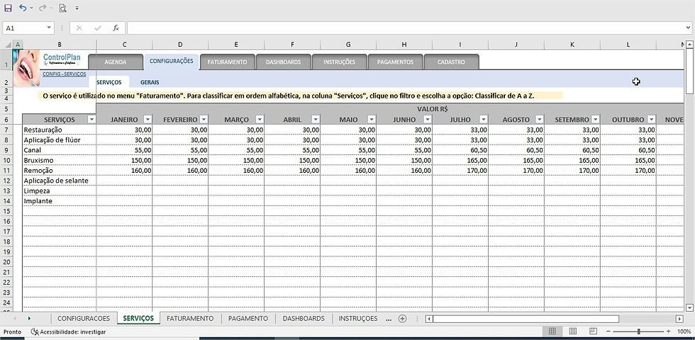 Miniatura: Planilha de agendamento odontológico em Excel para organização de consultas.