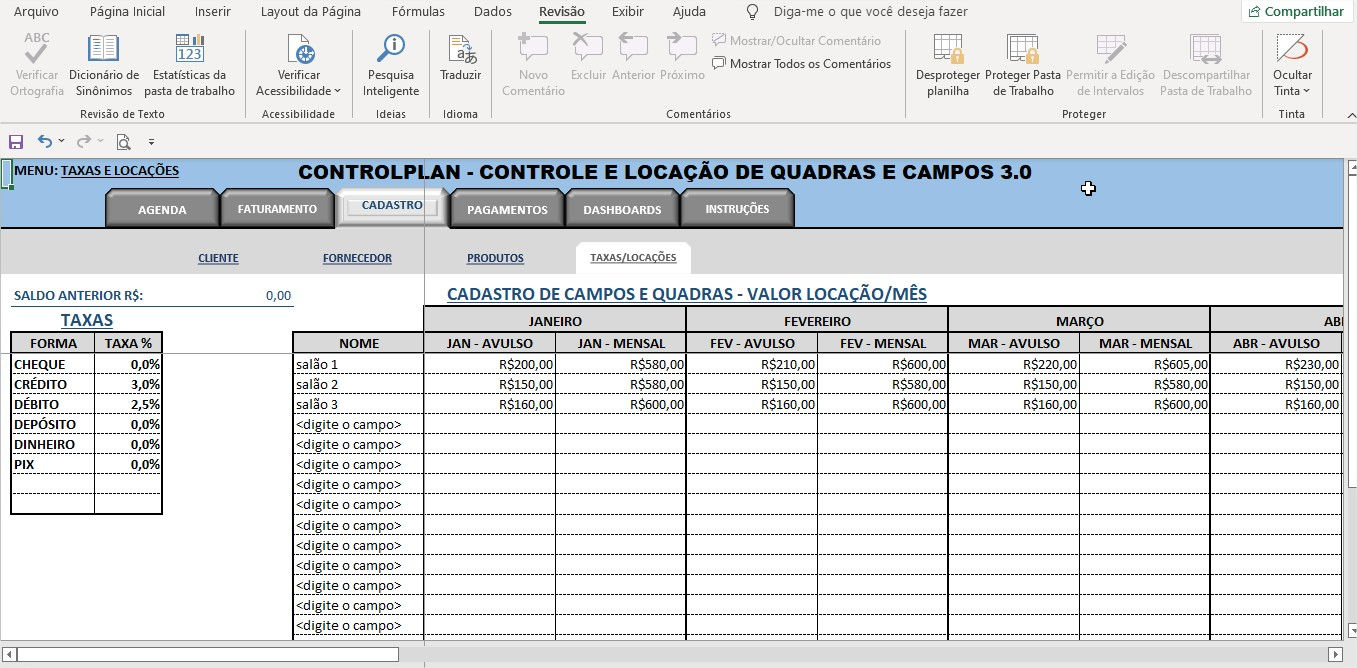 Planilha para locação de quadras e campos 4.0