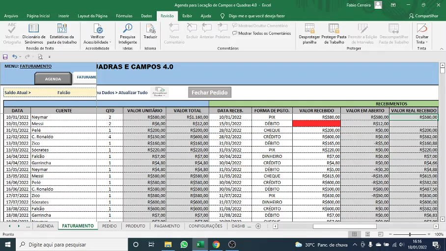 Miniatura: Planilha Excel para locação de quadras e campos com controle de agendamentos e faturamento.
