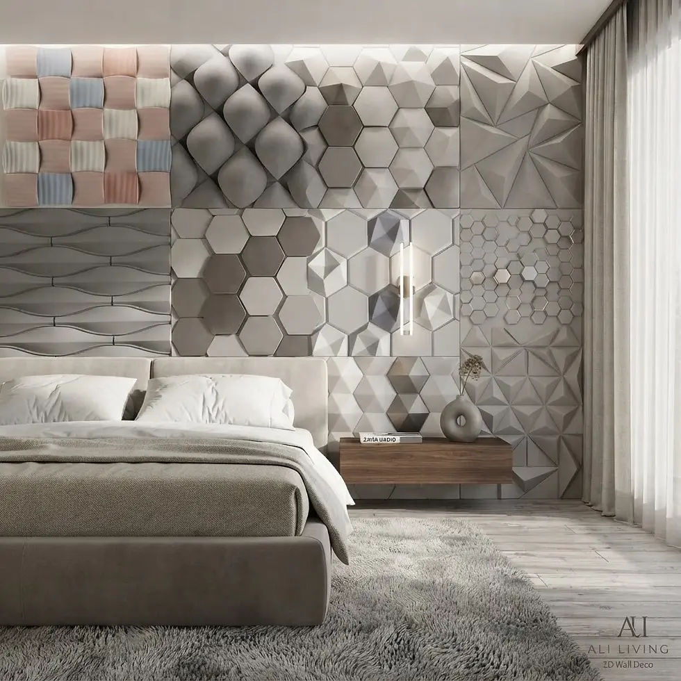 Studio photography of a modern bedroom with a 3D geometric tiled accent wall. The composition creates a sophisticated and contemporary atmosphere.