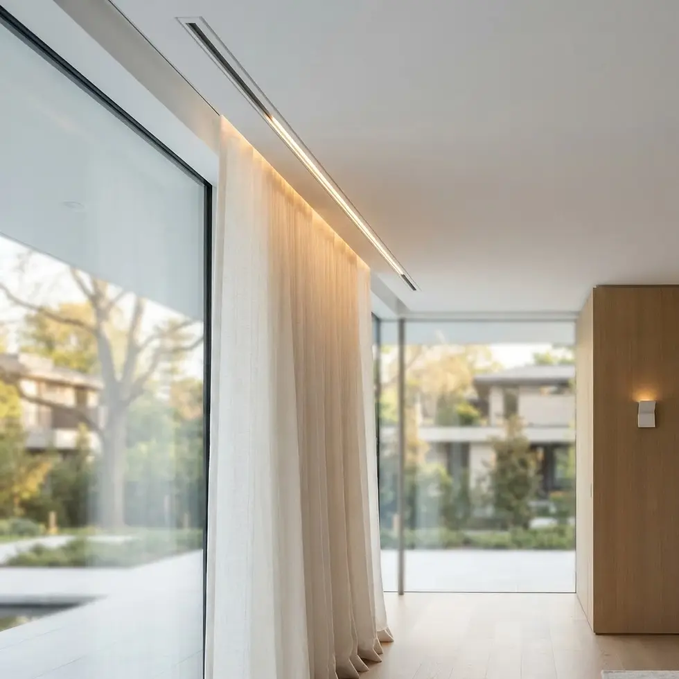 Architectural interior photography showing sheer curtains hanging from a recessed cove light fixture along a large window wall. The mood is serene and modern, highlighting clean lines and soft ambient lighting.