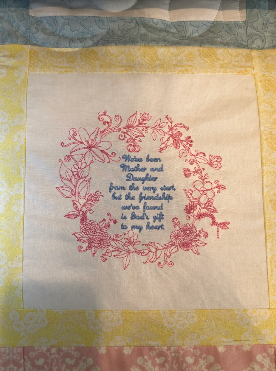 Thumbnail: Embroidered Finished quilt block - Embroidery wreath with custom wording for qui