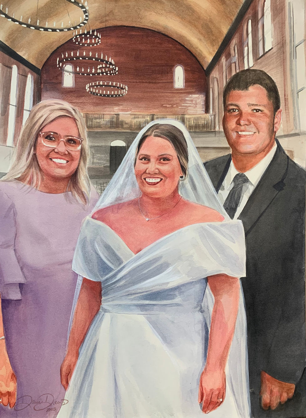 Custom Wedding painting as a gift to surprise her friend who had recently lost her mom then her brother so it was painted and ready for her on her wedding day to honor them at her wedding.  PS I used a photo of her in her wedding dress when she was trying it on.  Clever friend!  