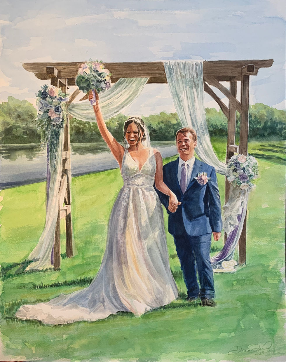 Wedding Painting 16x20 captured this image just as the couple was announced Husband and wife!  They are so sweet! In Evansville INDIANA.  Live Wedding painting in Watercolor