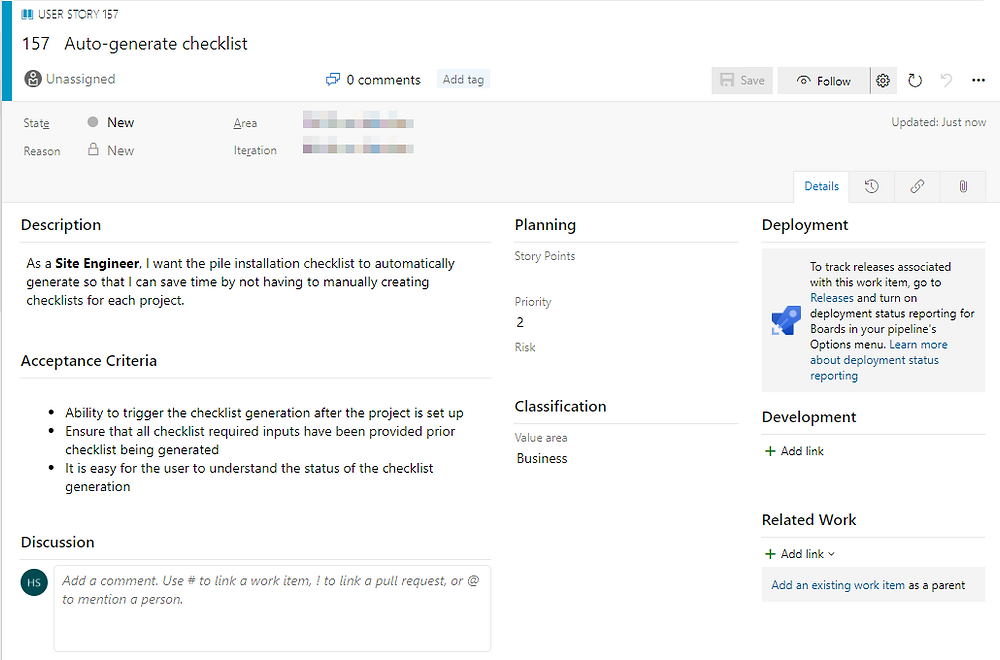 Example User Story in Azure DevOps