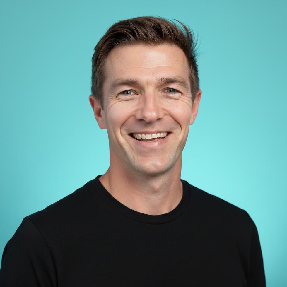 Hamish - black T, turquoise background.png