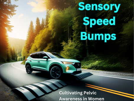 A mint colored crossover SUV going over a speed bump on a road in a forest of green trees.
