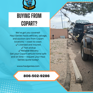Haul Genies hauling Copart vehicles, salvage cars, and auction cars nationwide with licensed insured drivers and reliable delivery.