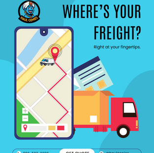 Haul Genies freight tracking graphic showing real-time shipment updates and GPS map for customers to track their loads nationwide.