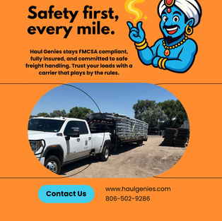 Haul Genies truck and genie mascot highlighting safe freight hauling, FMCSA compliant and fully insured motor carrier services.Haul Genies truck and genie mascot highlighting safe freight hauling, FMCSA compliant and fully insured motor carrier services.