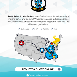 Haul Genies keeps freight moving nationwide from point A to point B with dedicated lanes, hot shot service, and reliable last-mile delivery.