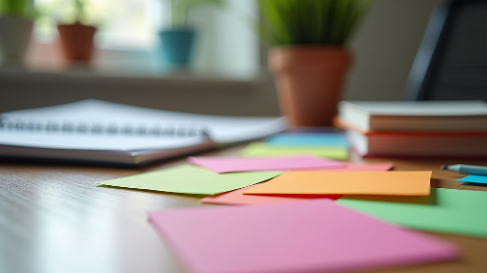 Close-up view of colorful flashcards and study materials on a desk