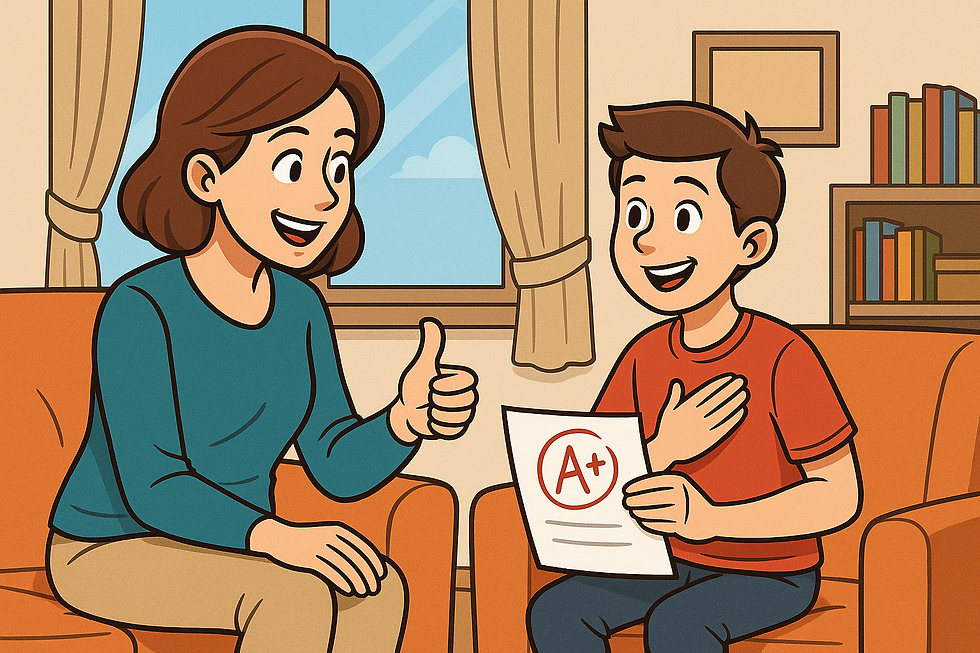 Cartoon illustration of a mother encouraging her child as he proudly holds an A+ paper, representing positive parenting and raising internally motivated kids through support and confidence building