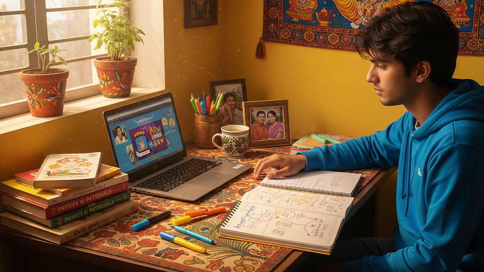 Eye-level view of a student’s desk with books, notes, and a laptop